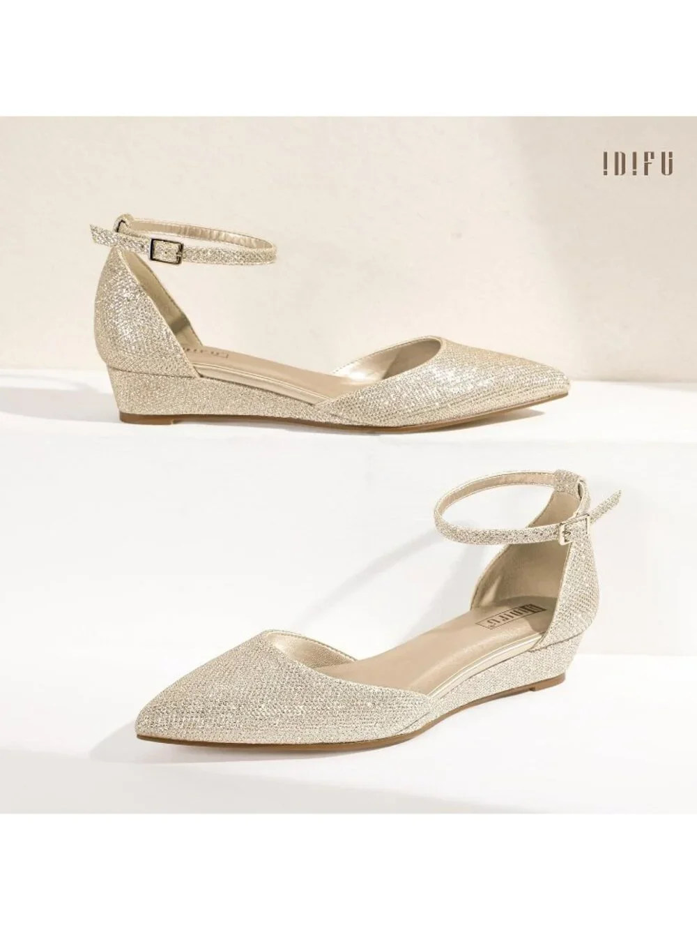 Women's Gold Glitter Low Wedge Closed Pointed Toe Adjustable Ankle Strap Shoes